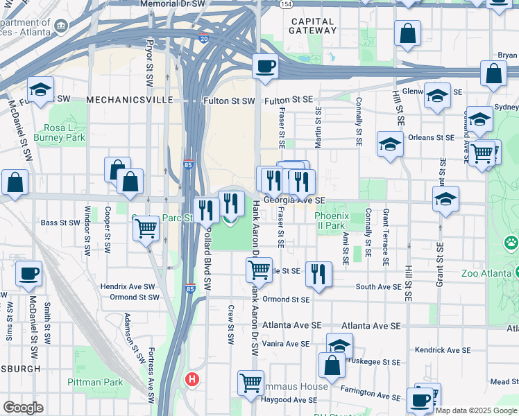 map of restaurants, bars, coffee shops, grocery stores, and more near 672 Hank Aaron Drive Southeast in Atlanta