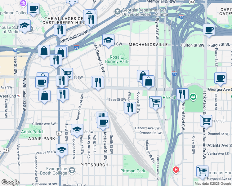 map of restaurants, bars, coffee shops, grocery stores, and more near 676 Smith Street Southwest in Atlanta