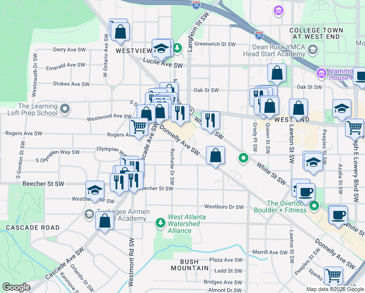 map of restaurants, bars, coffee shops, grocery stores, and more near 1380 Donnelly Avenue Southwest in Atlanta