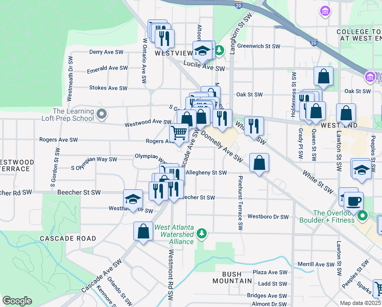 map of restaurants, bars, coffee shops, grocery stores, and more near 689 Cascade Avenue Southwest in Atlanta