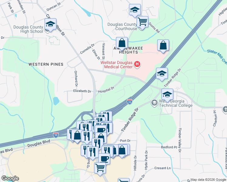 map of restaurants, bars, coffee shops, grocery stores, and more near 6194 Field Stone Drive in Douglasville