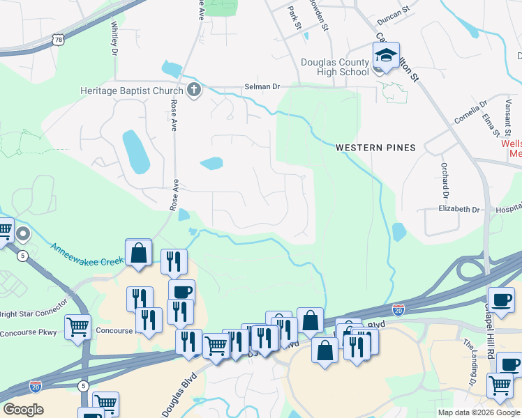 map of restaurants, bars, coffee shops, grocery stores, and more near 9017 6 Branches Trail in Douglasville