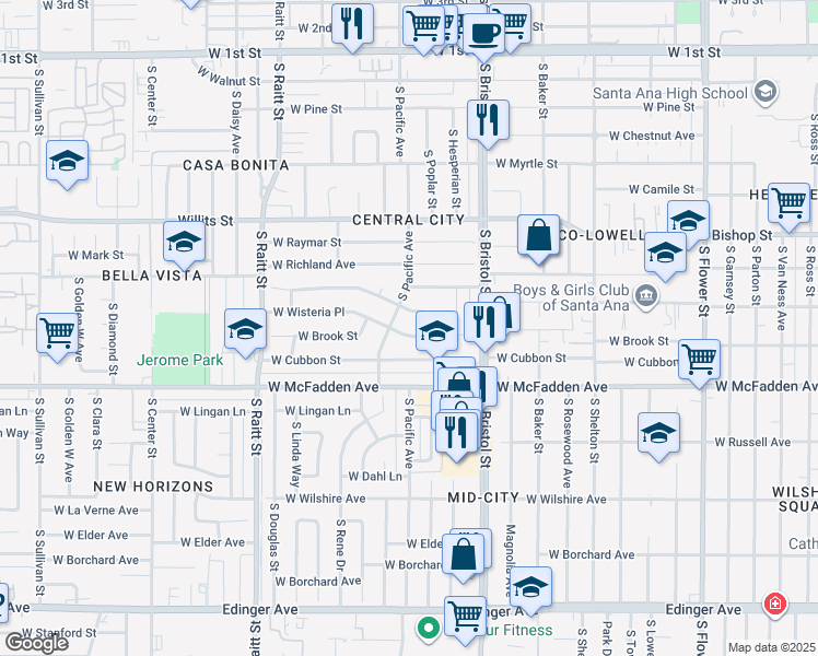 map of restaurants, bars, coffee shops, grocery stores, and more near 1501 West Wisteria Place in Santa Ana