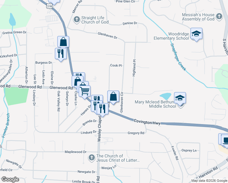 map of restaurants, bars, coffee shops, grocery stores, and more near 1852 McLain Lane in Decatur
