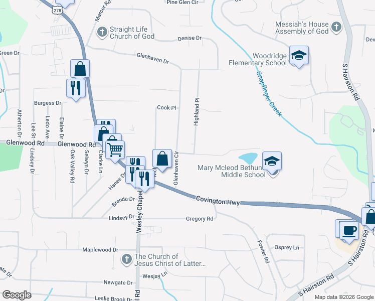 map of restaurants, bars, coffee shops, grocery stores, and more near 4392 Highland Road in Decatur