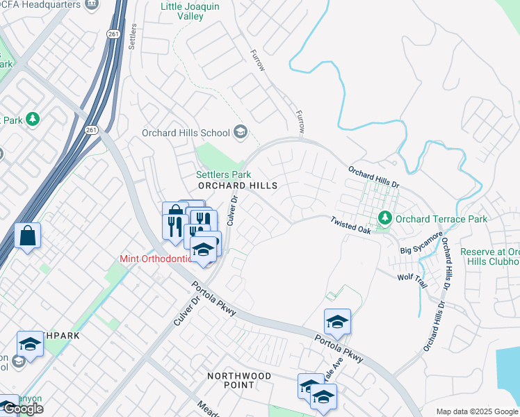 map of restaurants, bars, coffee shops, grocery stores, and more near 59 Wrangler in Irvine