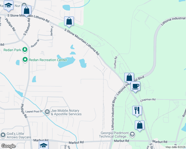 map of restaurants, bars, coffee shops, grocery stores, and more near 6574 Marshall Boulevard in Lithonia