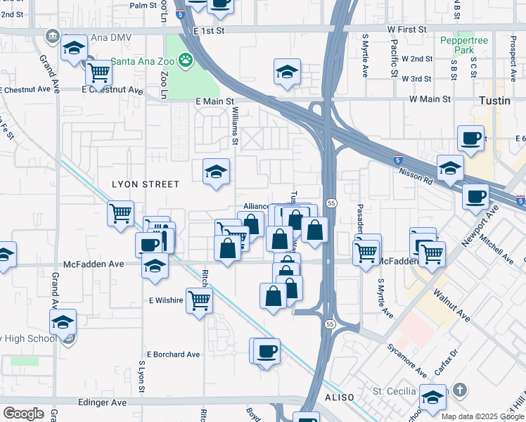 map of restaurants, bars, coffee shops, grocery stores, and more near 16596 Alliance Avenue in Tustin