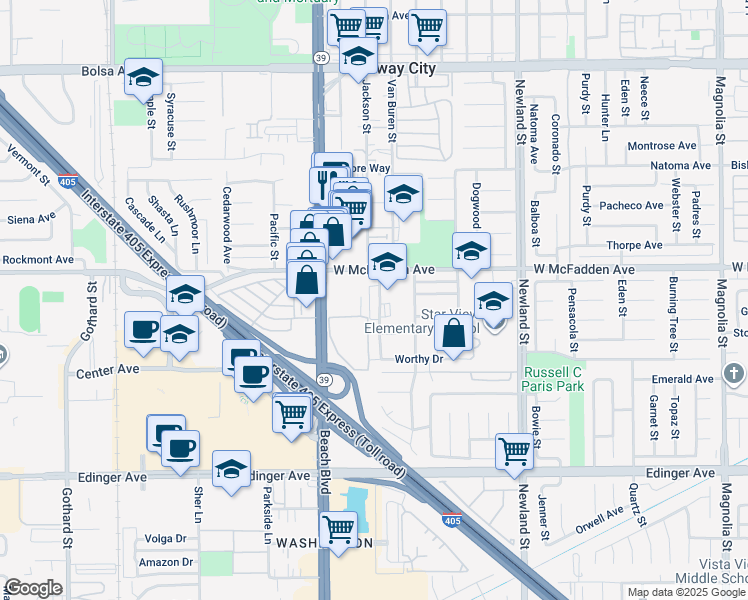 map of restaurants, bars, coffee shops, grocery stores, and more near 15581 Van Buren Street in Westminster