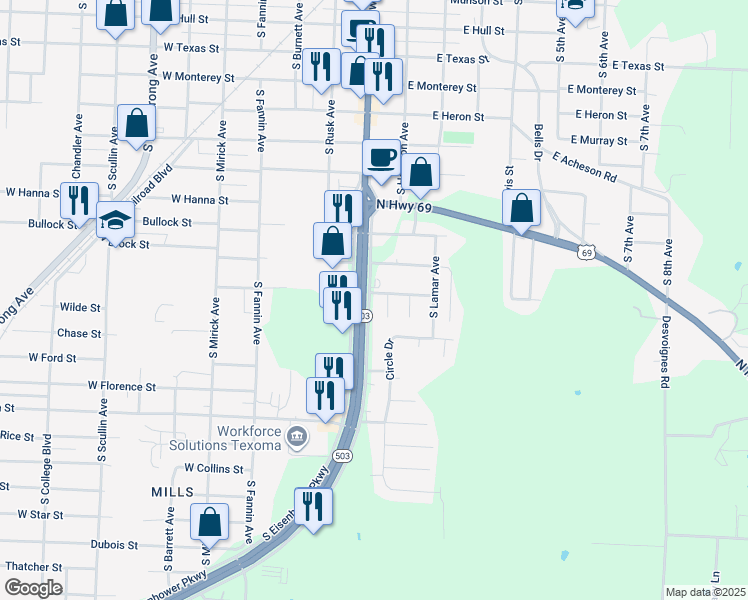 map of restaurants, bars, coffee shops, grocery stores, and more near 1900 South Austin Avenue in Denison