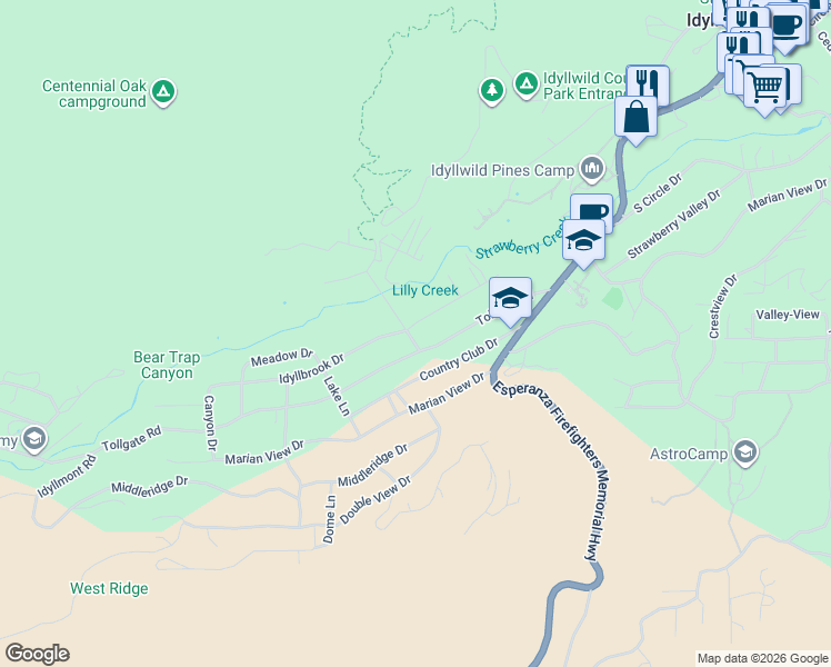 map of restaurants, bars, coffee shops, grocery stores, and more near 26550 Delano Drive in Idyllwild-Pine Cove