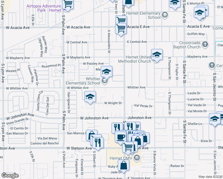 map of restaurants, bars, coffee shops, grocery stores, and more near 261 West Whittier Avenue in Hemet