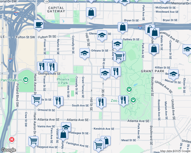 map of restaurants, bars, coffee shops, grocery stores, and more near 303 Georgia Ave SE in Atlanta