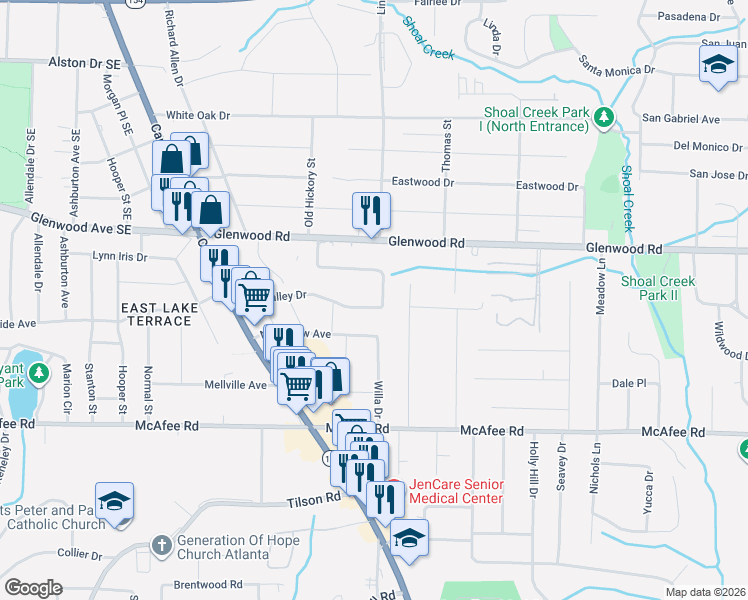 map of restaurants, bars, coffee shops, grocery stores, and more near 2678 Glenvalley Drive in Decatur