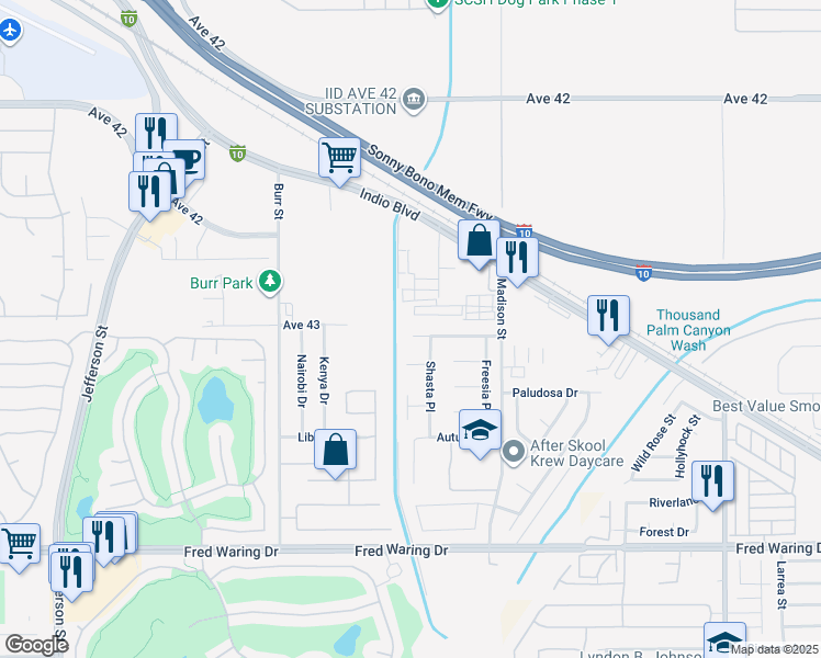 map of restaurants, bars, coffee shops, grocery stores, and more near 80708 Foxglove Lane in Indio
