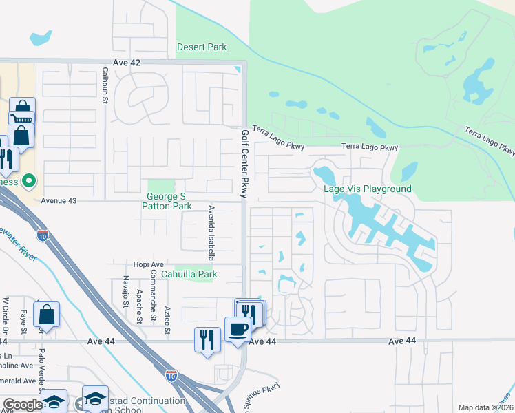 map of restaurants, bars, coffee shops, grocery stores, and more near 84136 Avenue 44 in Indio