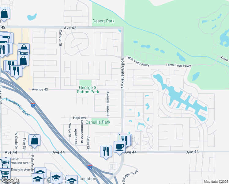map of restaurants, bars, coffee shops, grocery stores, and more near 83922 Avenida Serena in Indio