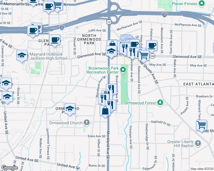 map of restaurants, bars, coffee shops, grocery stores, and more near 651 Moreland Avenue Southeast in Atlanta