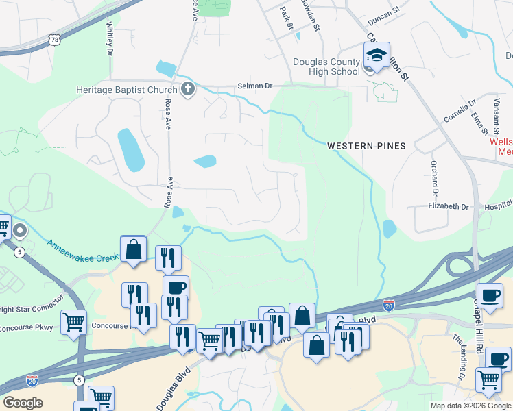 map of restaurants, bars, coffee shops, grocery stores, and more near 9017 6 Branches Trail in Douglasville