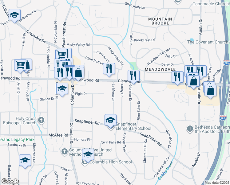 map of restaurants, bars, coffee shops, grocery stores, and more near 1864 La Mesa Lane in Decatur
