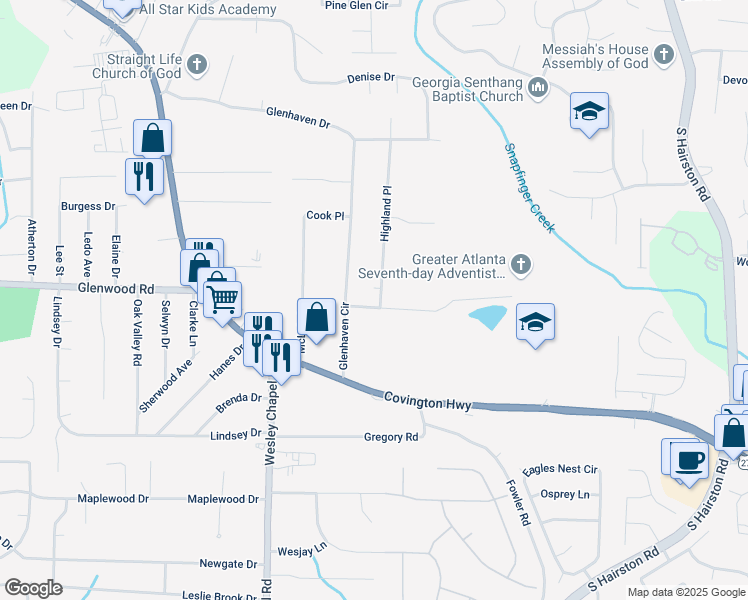 map of restaurants, bars, coffee shops, grocery stores, and more near 4402 Highland Road in Decatur