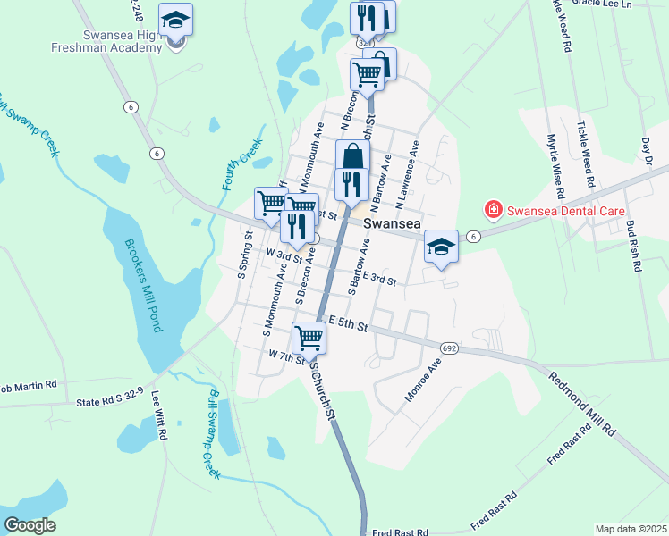 map of restaurants, bars, coffee shops, grocery stores, and more near 305 South Church Street in Swansea