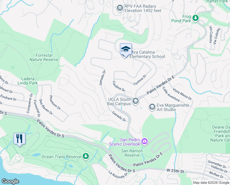 map of restaurants, bars, coffee shops, grocery stores, and more near 31054 Hawksmoor Drive in Rancho Palos Verdes