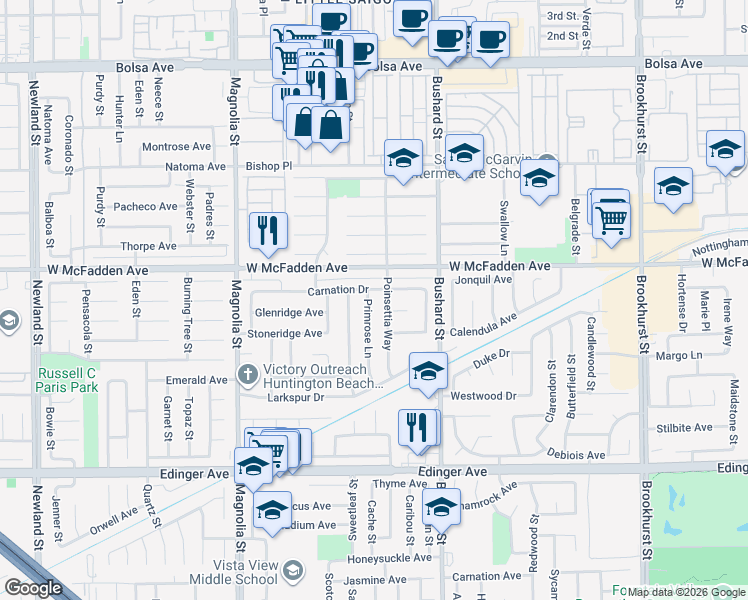 map of restaurants, bars, coffee shops, grocery stores, and more near 15571 Poinsettia Way in Westminster