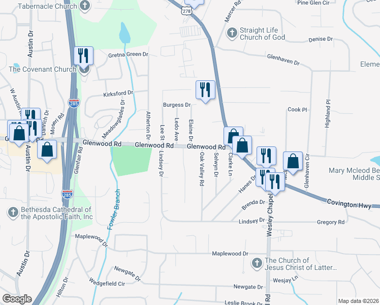 map of restaurants, bars, coffee shops, grocery stores, and more near in DeKalb County