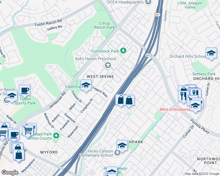 map of restaurants, bars, coffee shops, grocery stores, and more near 37 Arnold Way in Irvine