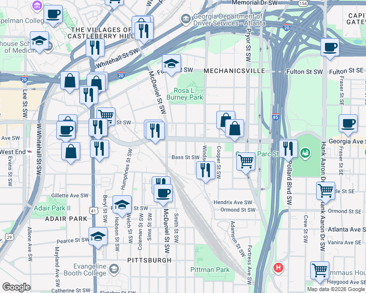 map of restaurants, bars, coffee shops, grocery stores, and more near 676 Smith Street Southwest in Atlanta