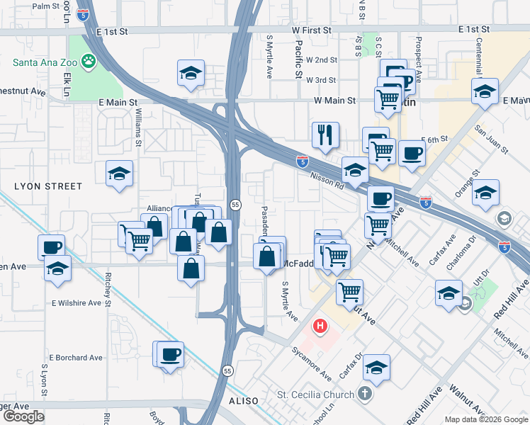 map of restaurants, bars, coffee shops, grocery stores, and more near 15645 Pasadena Avenue in Tustin