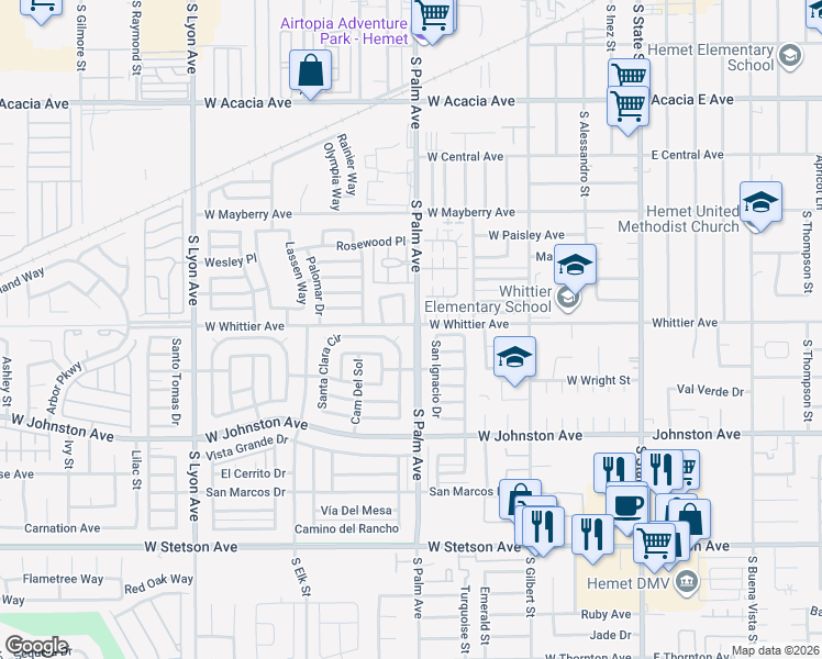 map of restaurants, bars, coffee shops, grocery stores, and more near 701 South Palm Avenue in Hemet