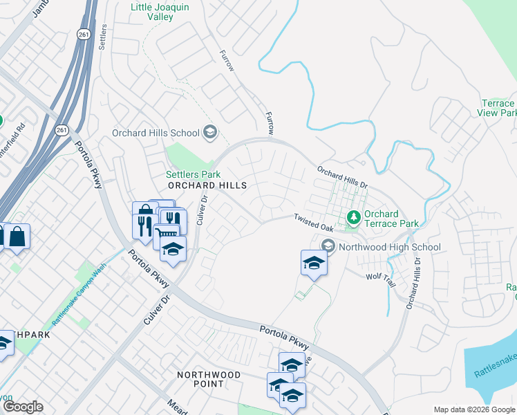 map of restaurants, bars, coffee shops, grocery stores, and more near 57 Wild Horse in Irvine