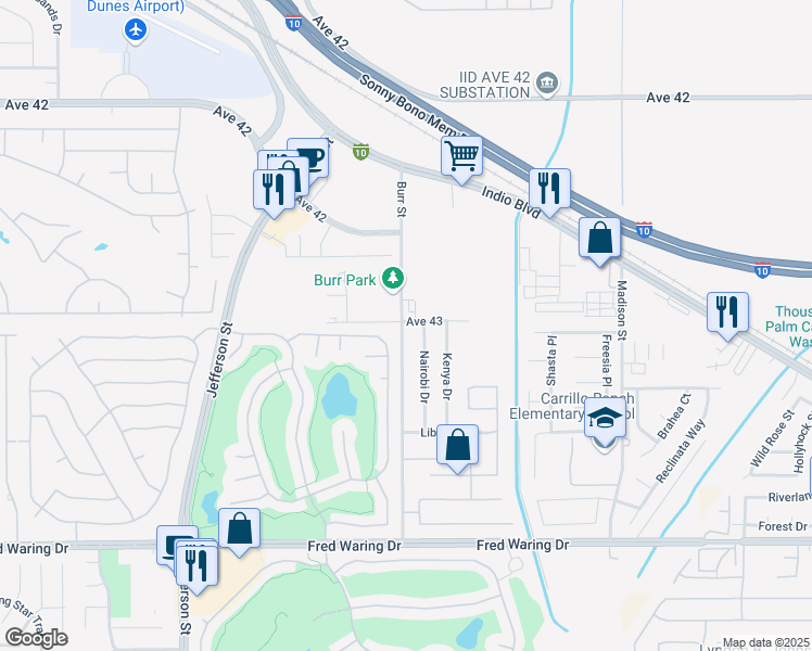 map of restaurants, bars, coffee shops, grocery stores, and more near Avenue 43 in Indio