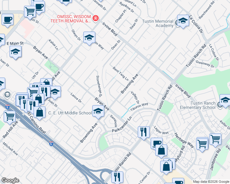 map of restaurants, bars, coffee shops, grocery stores, and more near 13336 Bubbling Well Road in Tustin