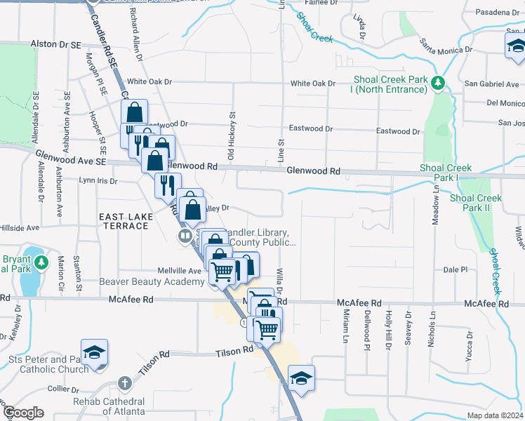 map of restaurants, bars, coffee shops, grocery stores, and more near 2638 Glenvalley Drive in Decatur