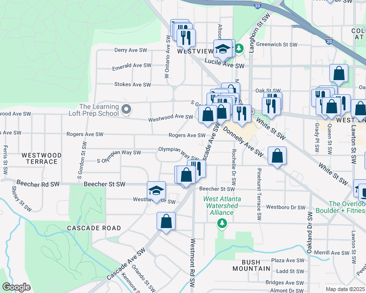 map of restaurants, bars, coffee shops, grocery stores, and more near 1551 Olympian Way SW in Atlanta