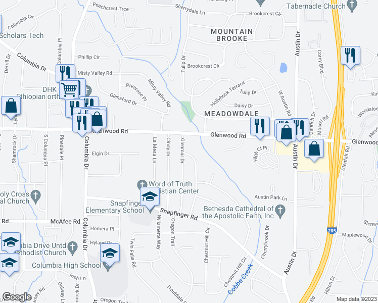 map of restaurants, bars, coffee shops, grocery stores, and more near 1864 Glen Echo Drive in Decatur