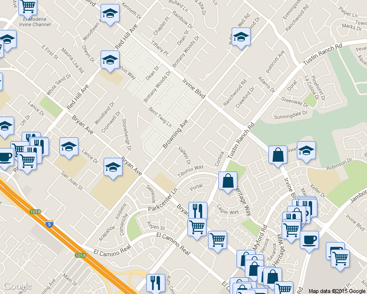 map of restaurants, bars, coffee shops, grocery stores, and more near 2051 Vallejo Dr in Tustin