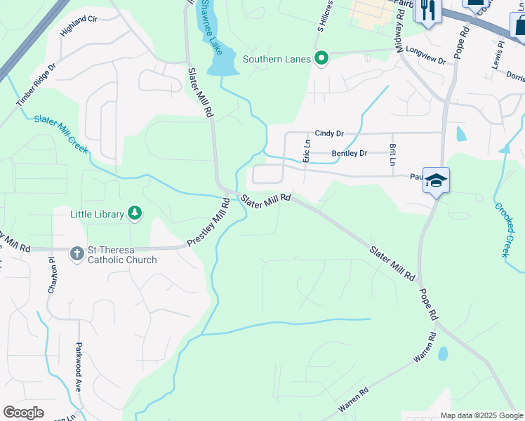 map of restaurants, bars, coffee shops, grocery stores, and more near 2515 Slater Mill Road in Douglasville