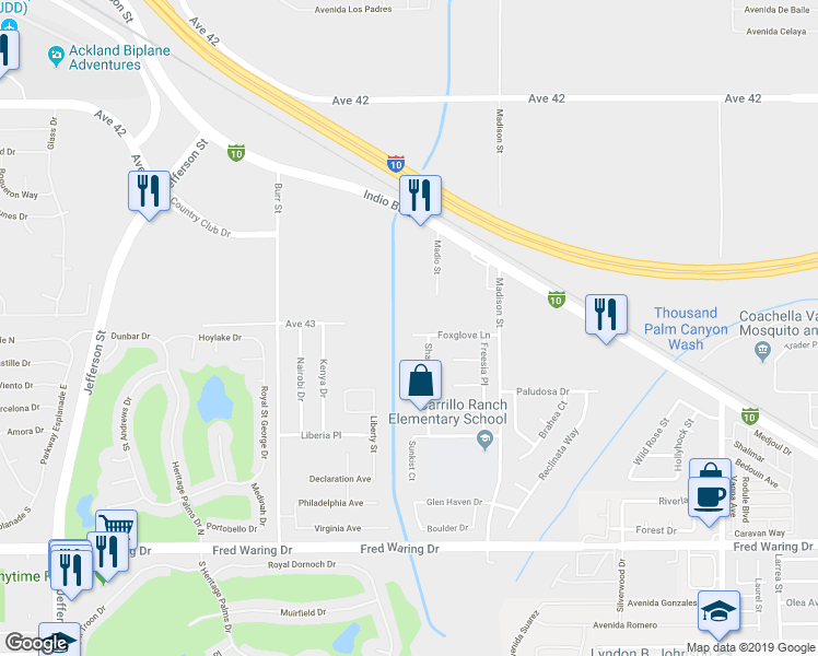 map of restaurants, bars, coffee shops, grocery stores, and more near 80708 Foxglove Lane in Indio
