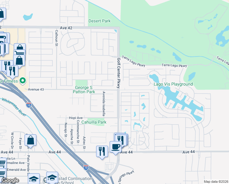 map of restaurants, bars, coffee shops, grocery stores, and more near 83922 Avenida Serena in Indio