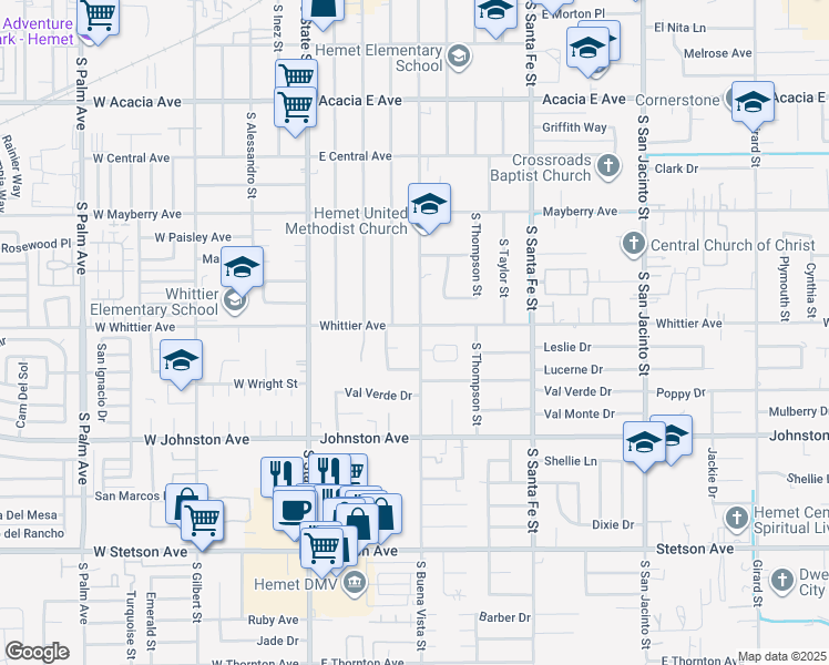 map of restaurants, bars, coffee shops, grocery stores, and more near 501 East Whittier Avenue in Hemet