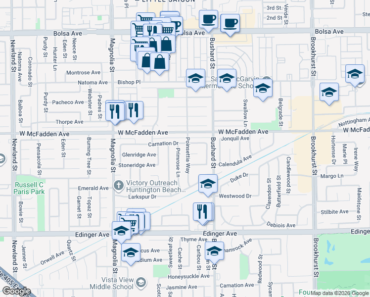 map of restaurants, bars, coffee shops, grocery stores, and more near 15571 Poinsettia Way in Westminster