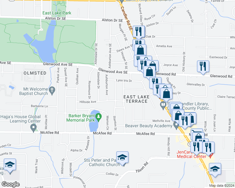 map of restaurants, bars, coffee shops, grocery stores, and more near 1884 Stanton Street in Decatur