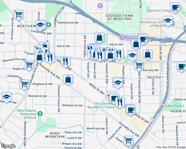 map of restaurants, bars, coffee shops, grocery stores, and more near 679 Queen Street Southwest in Atlanta