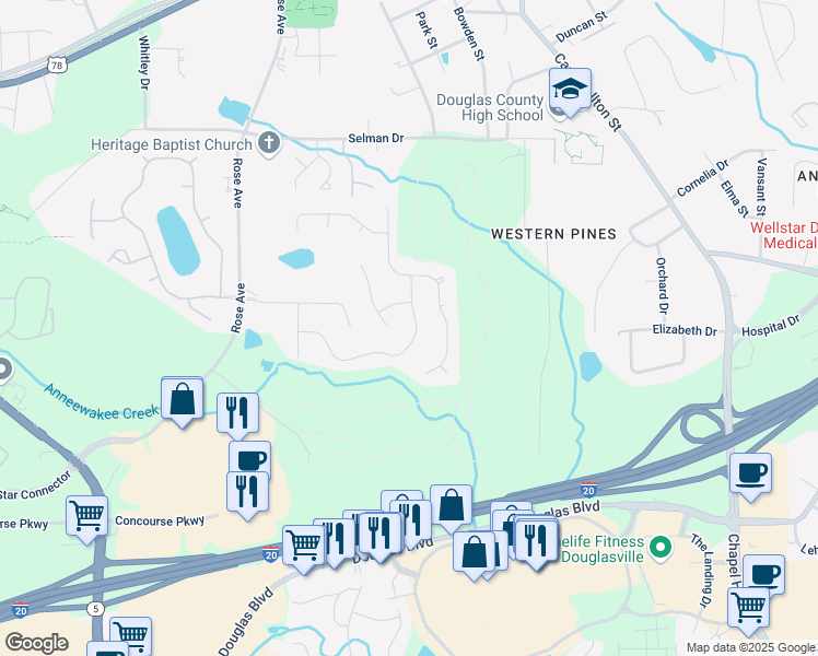 map of restaurants, bars, coffee shops, grocery stores, and more near 6691 Fairway Ridge Dr in Douglasville