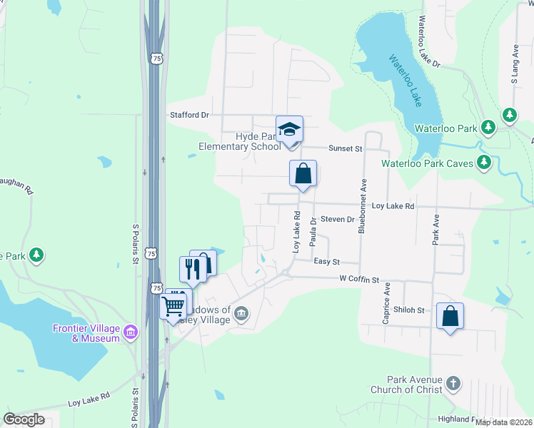 map of restaurants, bars, coffee shops, grocery stores, and more near 2008 Jerry Street in Denison