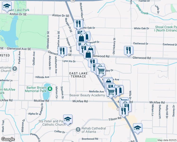 map of restaurants, bars, coffee shops, grocery stores, and more near 1888 Cannon Street in Decatur